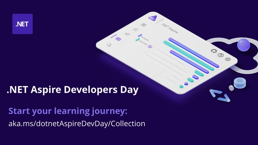 .NET Foundation (@dotnetfdn) on Twitter photo TOMORROW is .NET Aspire Developers Day!
Join us for a full day with the .NET Aspire team, MVPs, and tech community learning how to deploy .NET Aspire systems, integrate with enterprise services, and to build your own features onto .NET Aspire. 🗓️ hubs.li/Q02Hqy2b0 TOMORROW is .NET Aspire Developers Day!
Join us for a full day with the .NET Aspire team, MVPs, and tech community learning how to deploy .NET Aspire systems, integrate with enterprise services, and to build your own features onto .NET Aspire. 🗓️ hubs.li/Q02Hqy2b0