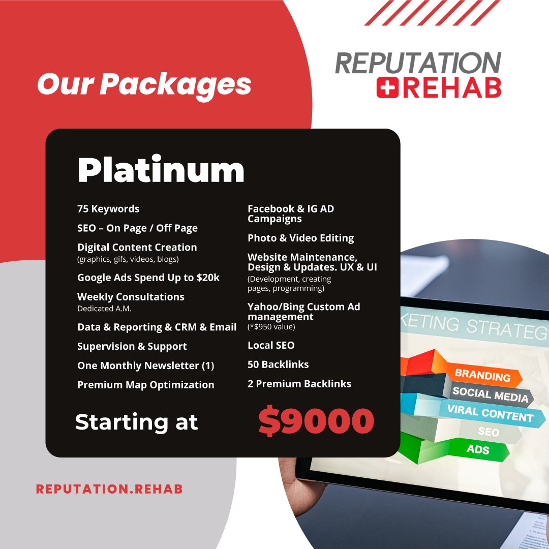 Rep_Rehab's tweet photo. Unlock top-tier marketing for your rehab facility with our Platinum Package. Visit our website to explore all our packages and find the perfect fit for your needs. #ReputationRehab #PlatinumPackage #SEO #DigitalMarketing #GoogleAds #ContentCreation #OptimizeYourReach https://t.co/ZRRGepkk7y