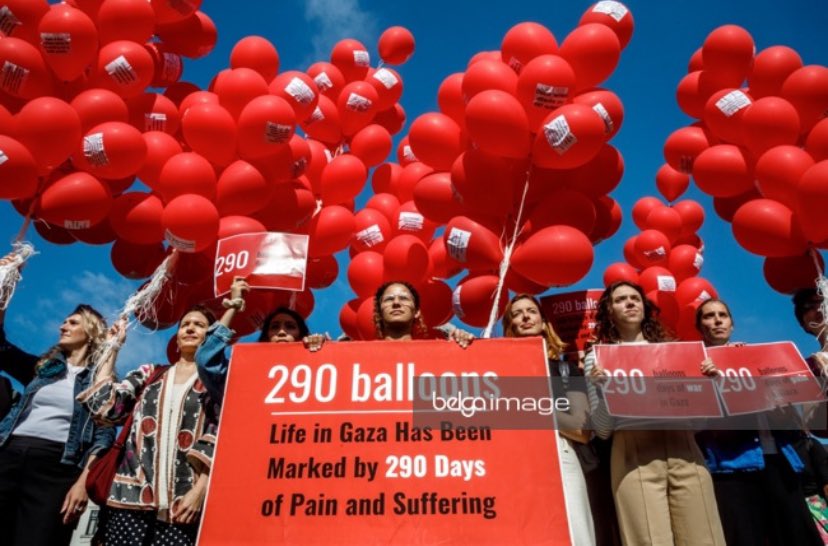 care_eu's tweet photo. 290 #RedBallons marking 290 days of war in #Gaza appeared in Brussels as the @EUCouncil #FAC start this morning.  Time is running out. THE #EU MUST ACT NOW!   #CeasefireNOW https://t.co/bCCoNear1T
