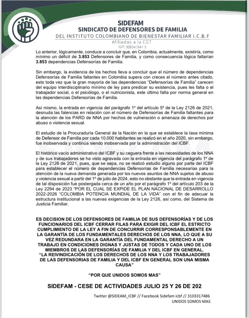 SIDEFAM_ICBF's tweet photo. En @SIDEFAM_ICBF convocamos a nuestros compañeros DF a cerrar filas y apoyar el cese de actividades los próximos 25 y 26 julio en demanda y reclamo de los incumplimientos del @ICBFColombia para con los SP @MintrabajoCol @PGN_COL @CGTCol @FranciaMarquezM @BurchardtMeloFA https://t.co/1NMO2Y6oRQ