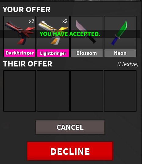 alex_alodo's tweet photo. @Llexiye is trusted!! They went first in giving me their NFR Trex and Elf hat in Adopt Me for my x2 Darkbringers, x2 Lightbringers, Blossom and Neon in MM2. TYSM! https://t.co/SsnplslKYI