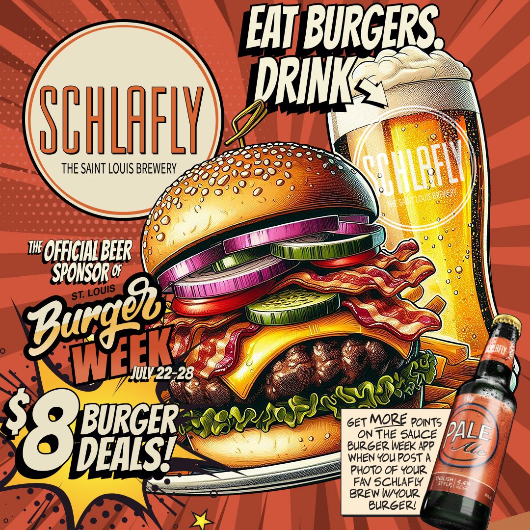 🚨STARTS TODAY⚠️ <a href="/stlburgerweek/">St. Louis Burger Week</a> 🍔 features $8 burgers (all week long) at all three of #Schlafly's Missouri brewpubs: Tap Room, Bottleworks, and Bankside

Been a while since you've visited our brewpub? #StLouisBurgerWeek is your reason to stop in. Pair a burger with a <a href="/Schlafly/">Schlafly Beer</a>!