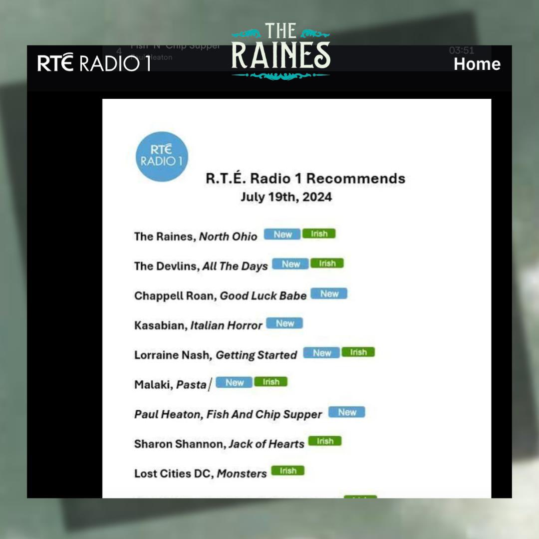 ❤️ An absolute privilege for our new single ‘North Ohio’ to be included in the prestigious ‘RTÉ Radio 1 Recommends’ list.

🎧 Listen in to hear ‘North Ohio’ on RTÉ Radio 1 all this week.