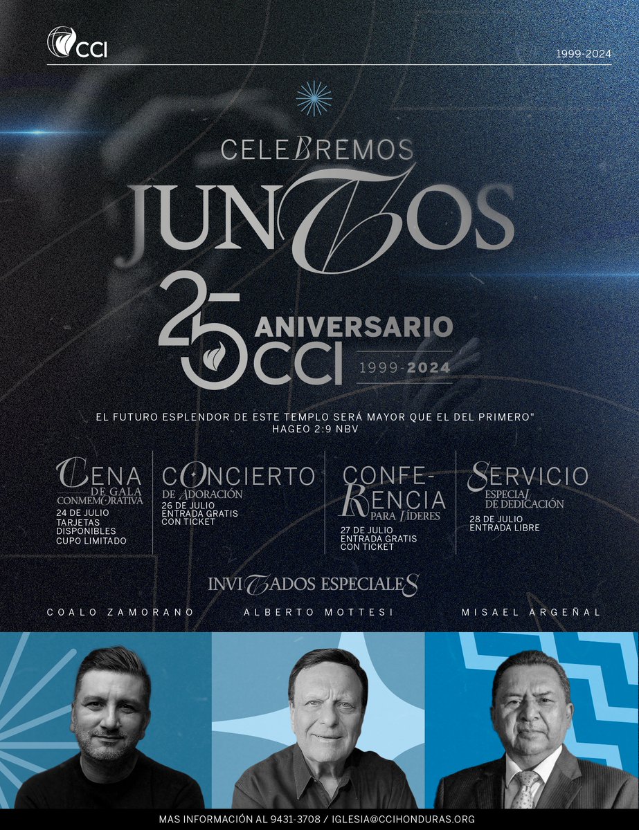 CCITegucigalpa's tweet photo. ¡Nuestra casa cumple 25 años en los cuales hemos visto la misericordia, bondad y gracia del Señor! Del 24 al 28 de julio, únete y se parte de los eventos especiales para celebrar la fidelidad del Señor.

Más info: https://t.co/8mNkdxVfcx

¡Celebremos Juntos! 🎉
#CCI25Aniversario https://t.co/zgas0wx309