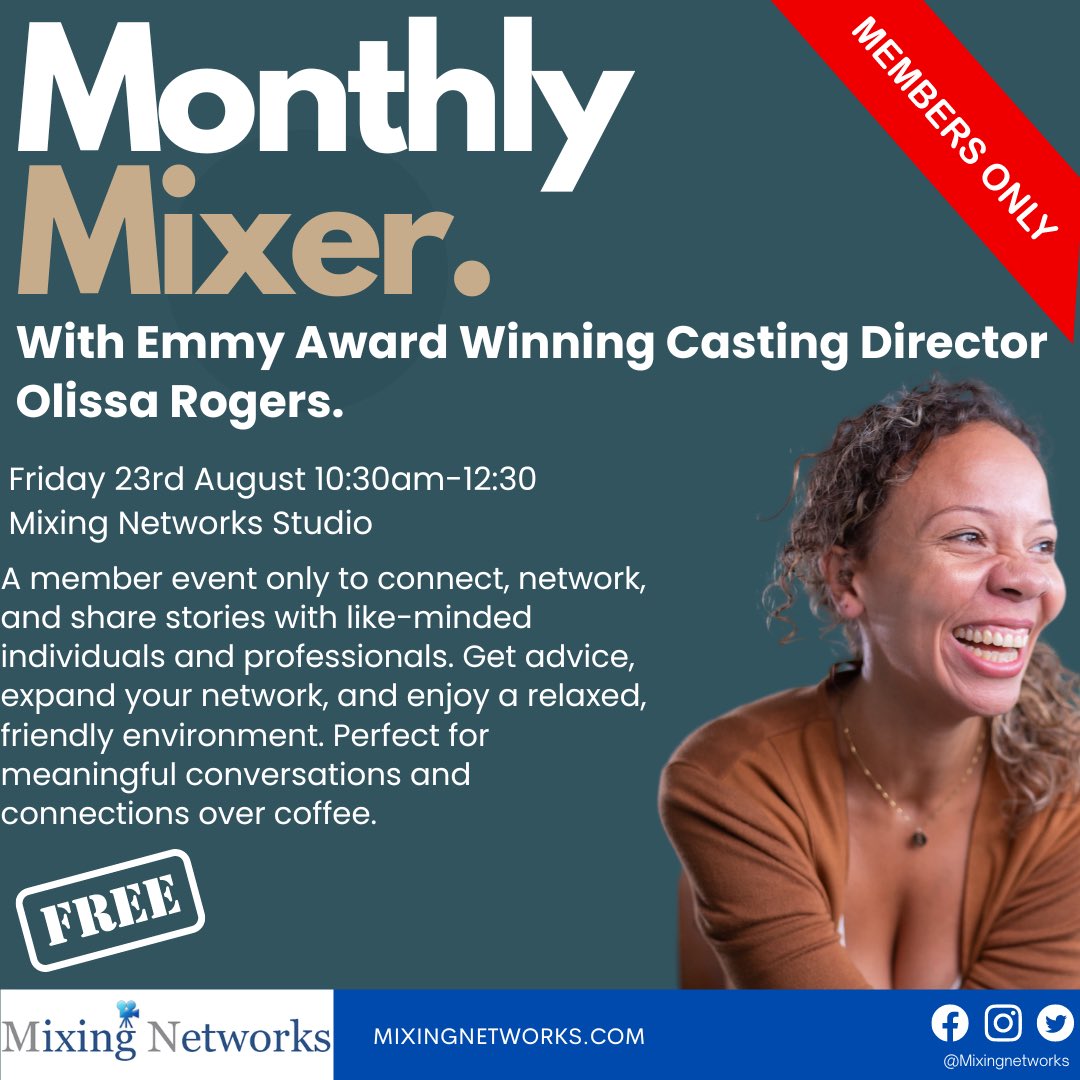 mixingnetworks's tweet photo. SECOND MONTHLY MIXER WITH EMMY AWARD WINNING CASTING DIRECTOR OLISSA ROGERS. 🎉
Join us for our second Monthly Mixer for a welcoming coffee morning where you can listen to an open and honest Q&A session followed by a chance to connect to other actors.
Whether you’re seeking advice, looking to expand your network, or simply want to enjoy a cup of coffee in good company, the Monthly Mixers provides a relaxed and friendly environment for meaningful conversations and connections.
For our second Monthly Mixer we are joined by Casting Director Olissa Rogers. Olissa is an Emmy award winning casting director who recently won for her work on ‘African Queens: Njinga’ for Netflix. She also has worked on amazing TV shows such as ‘Wednesday’, ‘Brassic’, ‘The Outlaws’ and ‘Ted Lasso’. Olissa will join us for an open and honest chat.