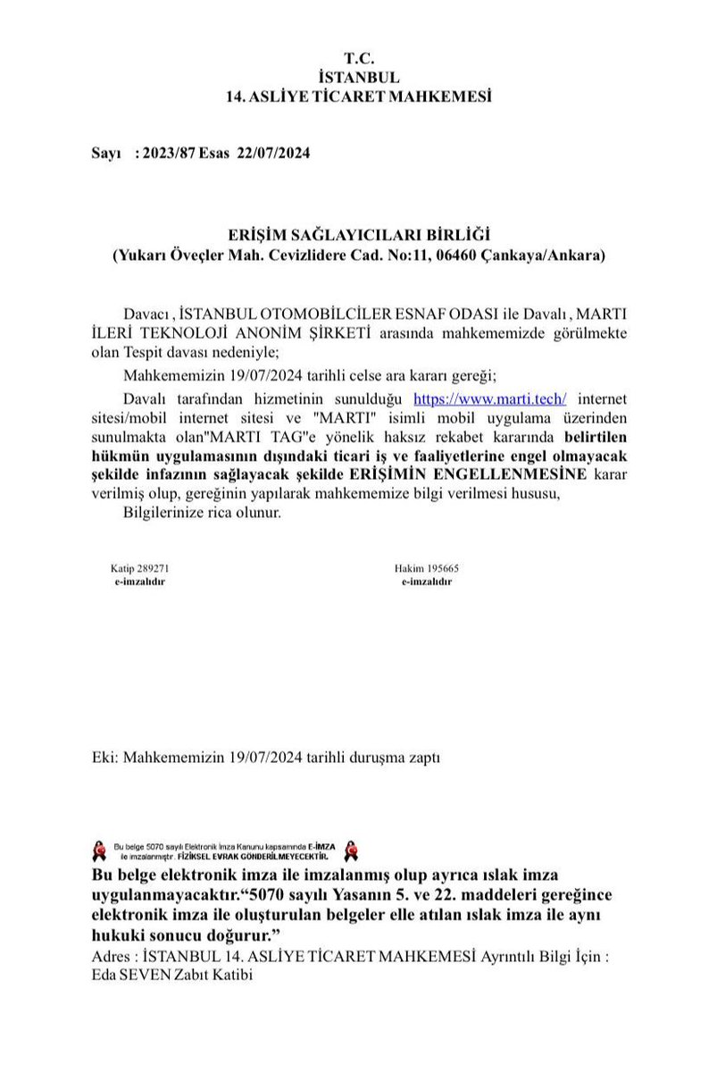 iteo34's tweet photo. İSTANBUL TAKSİCİLER ESNAF ODASI BASIN DUYURUSUDUR!

ESNAF ODAMIZIN TİCARİ OLMAYAN HUSUSİ ARAÇLARLA KORSAN TAŞIMACILIK YAPTIRAN MARTI TAG FİRAMSINA AÇTIĞI DAVA,  İSTANBUL 14.ASLİYE TİCARET MAHKEMESİ 2023-87 ESAS NUMARALI  DOSYASI 19.07.2024 TARİHİNDE GİZLİLİK KARARI KALDIRILMIŞ OLUP MARTITAG ERİŞİM ENGELİ KARARI VERİLMİŞTİR.
19.07.2024 TARİHİNDE VERİLEN ERİŞİM ENGELİ KARARINDA BİLİRKİŞİ RAPORLARI, EK BİLİRKİŞİ RAPORLARI VE DEVLET KURUMLARI GÖRÜŞ YAZILARI ALINMIŞ, KARAR VERİLMİŞ OLUP İSTİNAF MAHKEMESİNİN BELİRTTİĞİ TÜM USÜL EKSİKLİKLERİ GİDERİLEREK KARAR VERİLMİŞTİR.
MARTITAG FİRMASI OLASI TAZMİNAT DAVALARINDAN KAÇMAK İÇİN GERİYE DÖNÜK BÜTÜN YOLCULUK DATALARINI SİLMİŞ VE BİLİRKİŞİYE YOLCULUK VERİLERİ VERİLMEMİŞTİR.
T.C MAHKEMELERİNİN VERDİĞİ HUKUKİ KARARLARA HER ZAMAN GÜVENİMİZ TAMDIR.
MARTITAG FİRMA YETKİLİSİ SOSYAL MEDYADA ALGI MANİPÜLASYONU YAPMAKTADIR.
İSTANBUL 14.ASLİYE TİCARET MAHKEMESİNİN 22.07.2024 TARİHİNDE  ERİŞİM SAĞLAYICILARI BİRLİĞİNE MARTITAG FİRMASININ ERİŞİMİNİN ENGELLEMESİ İÇİN YAZDIĞI YAZI EKTEDİR.
SAYGILARIMIZLA
İSTANBUL TAKSİCİLER ESNAF ODASI