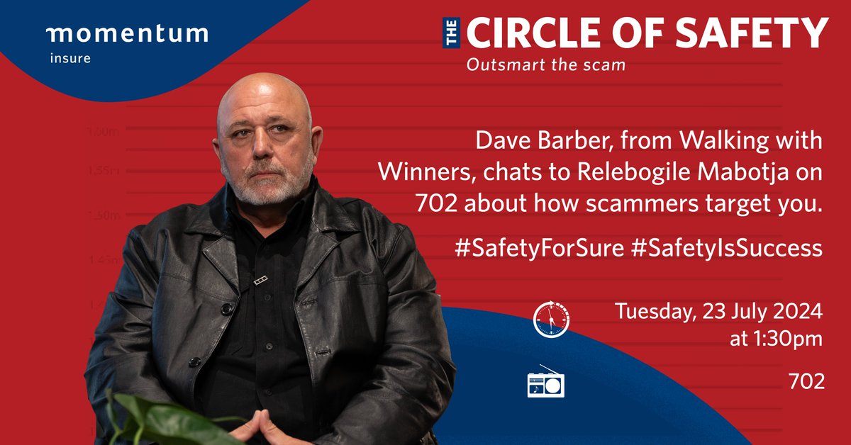 momentuminsure's tweet photo. We could all be scammers… Dave Barber, from Walking with Winners, gives us an in-depth look into the mind of a scammer and how they target you. Join him at 1:30pm with Relebogile Mabotja on 702!
#ScamConversations #SafetyForSure #SafetyIsSuccess https://t.co/V0CFLAuulf
