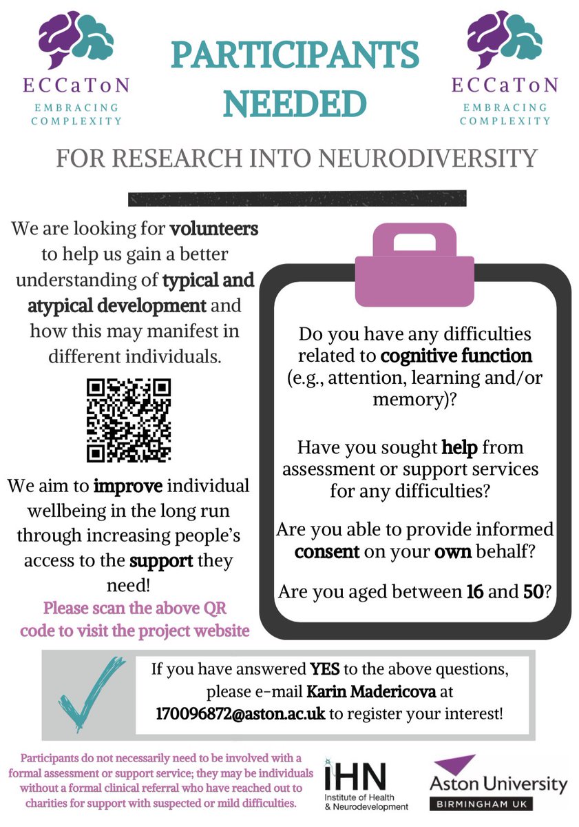 MadericovaK's tweet photo. As I enter into the final stages of my PhD, I would like to make the last call for neurodivergent research participants! 

If you are willing to take part, and you are local and/or willing to travel to Aston University (Birmingham), please contact me for further information! https://t.co/aEgSzHyKYb