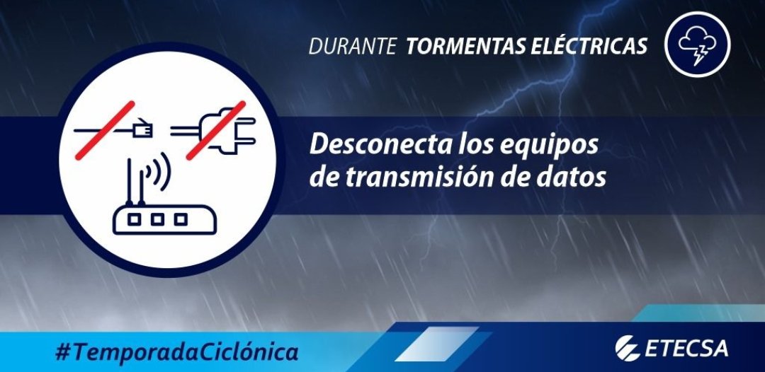 EtecsaMatanzas's tweet photo. Durante tormentas eléctricas ⛈️, desconecta los equipos de transmisión de datos 🛜, los rayos ⚡️ pueden provocarles daños irreparables ☠️.                                                                    Recuerda protegerlos, ya estamos en #TemporadaCiclónica 🌀. https://t.co/FhCo9gzQ9G