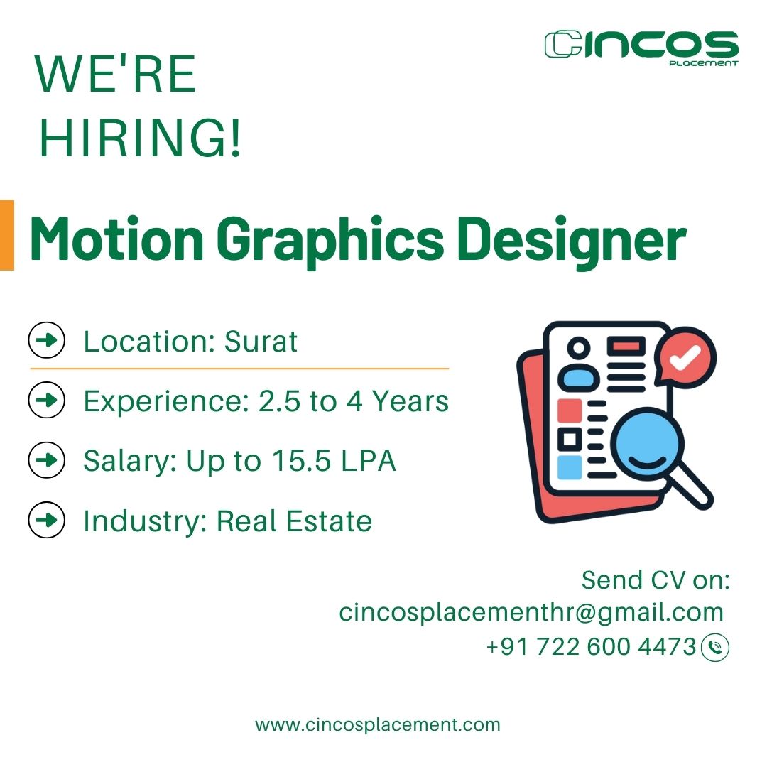 cincosplacement's tweet image. Join us as a Motion Graphics Designer with the best human resource consultancy services in Surat!

Contact Us
Phone : +91 72260 04473

#MotionGraphicsDesigner #SuratJobs #CreativeJobs #CareerAdvice #BestJobPlacementConsultancyInSurat #TopJobConsultancyInSurat