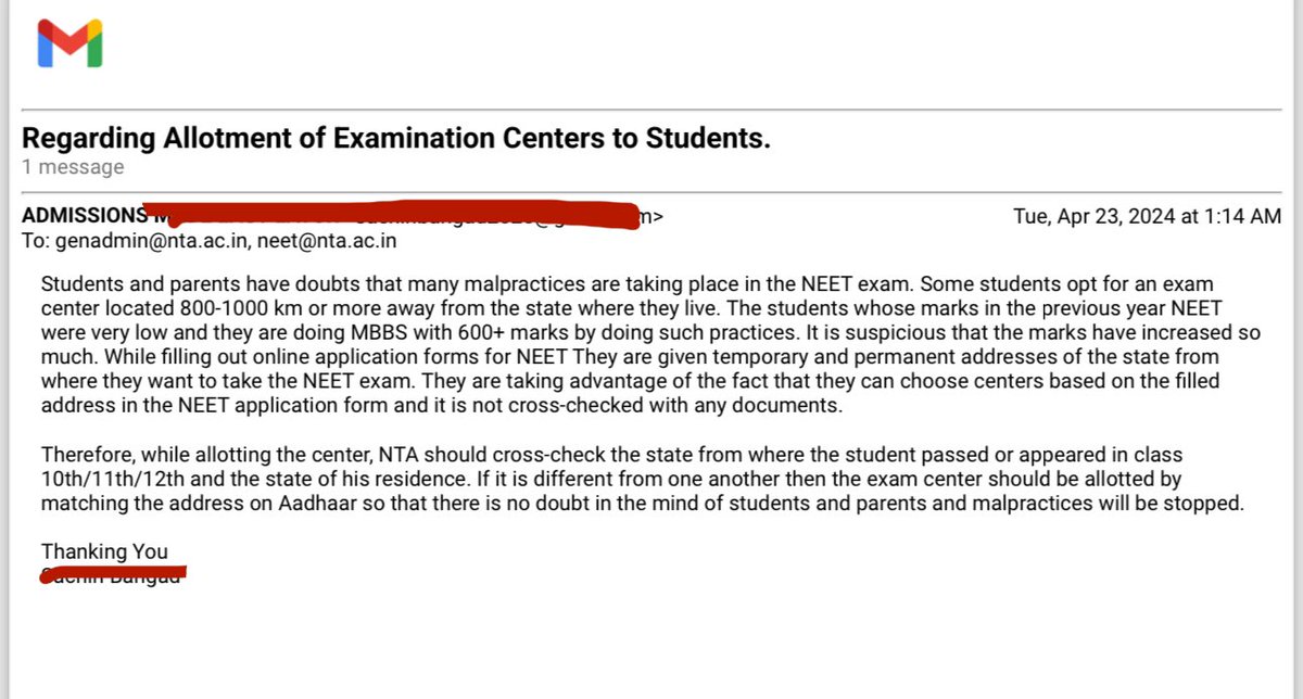 VivekThakurVT's tweet photo. Couple of days back I saved a news article wherein a professor at Latur, Maharashtra had alerted #NTA in April about surprising flocking of candidates from Maharashtra & nearby regions to Belgavi in Karnataka to appear in #NEET(UG), and getting good marks as well.

Yesterday night, I arranged his number through some sources & called him up- he forwarded me the email also.

To my utmost surprise, the Gujarat girl who got 21/100 in Physics, 31/100 in Chemistry & 39/100 in Biology in Board Exams had gone to Belgavi to appear in NEET wherein she secured 705/720.

This episode was presented in Supreme Court today. Irrespective of the outcome of the case, these arrangements to hijack meritocracy, must be identified and dismantled. @aajtak