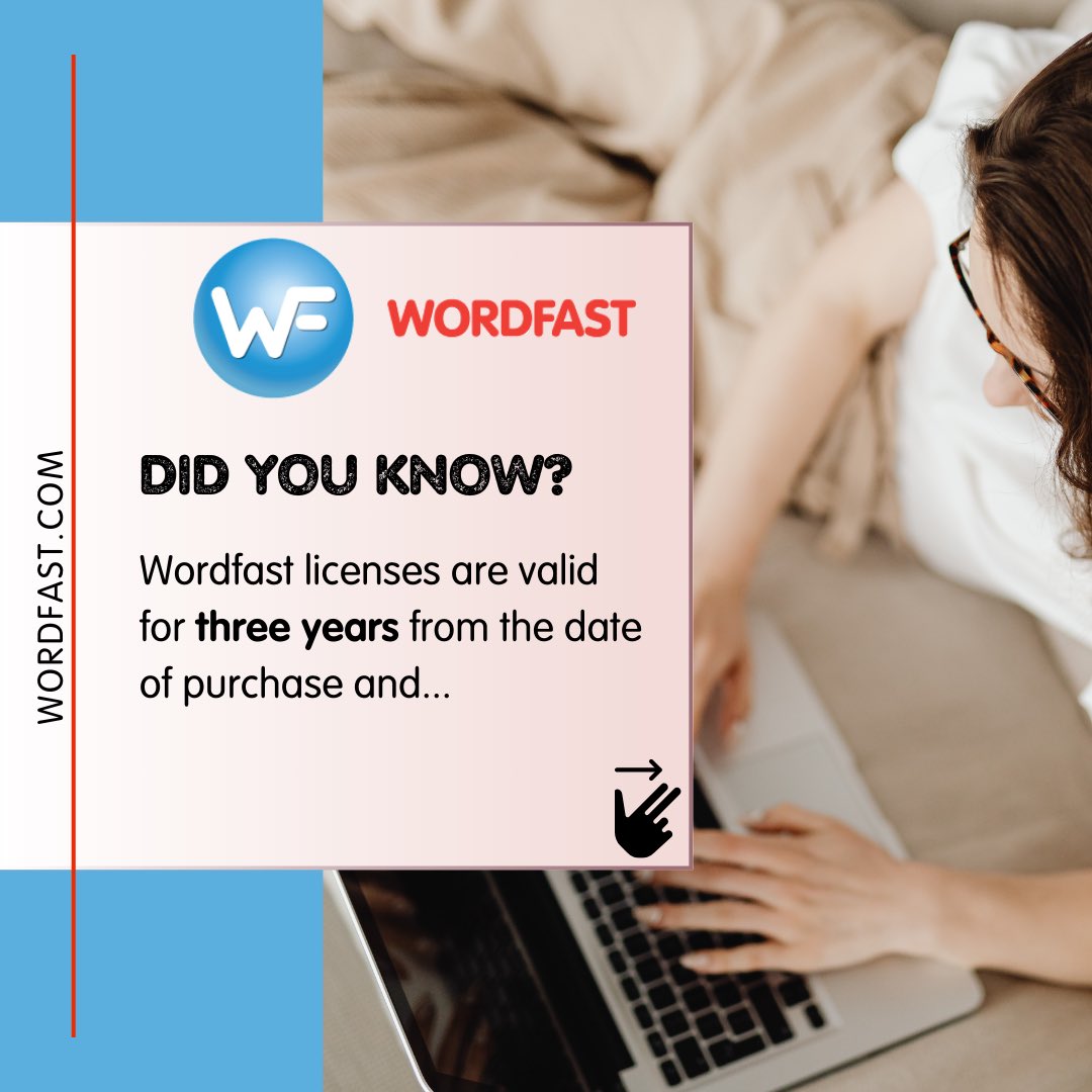 Wordfast's tweet image. ✅Wordfast licenses are valid for three years from the date of purchase.
✅During the three-years period, users are entitled to free upgrades to new versions 
✅The price for license renewal is 50% of the standard list price at the time of renewal.
Did you know that?
#cattools