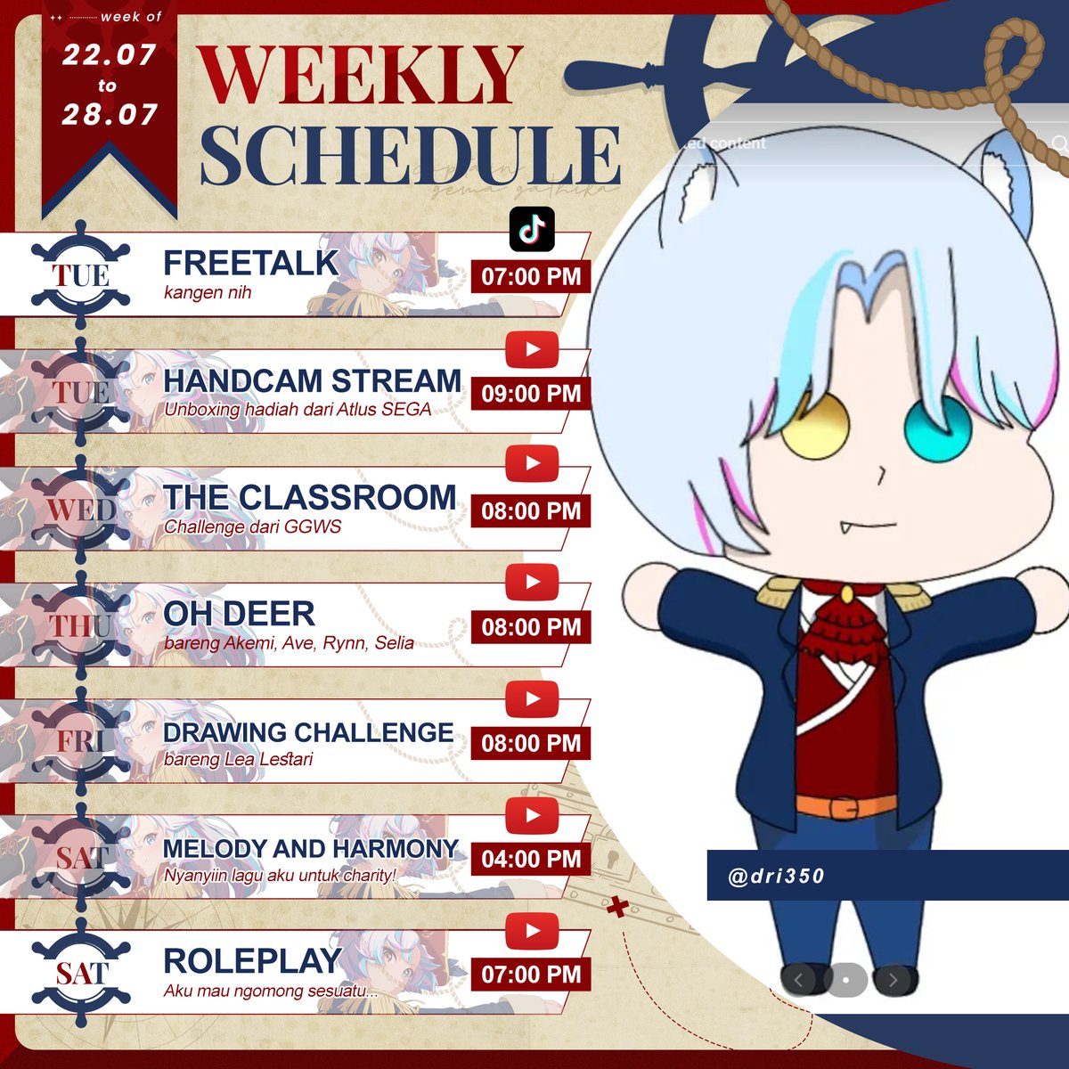 GemaGathika's tweet photo. GEMA GATHIKA WEEKLY SCHEDULE
22.07 '24 - 28.07 '24
GG! I'm Gema Gathika
Werewolf Captain Pirate
Has ability to switch gender🐺🎵
💙GGMS &amp; GGWS💜
General : #GemaGathika
Stream : #GGemalive
Original Song : #GGOG
Cover : #GGCover
Fanart : #GGemart
Meme : #GGememe
Clip : #GGClip https://t.co/NxYQjLxlfx