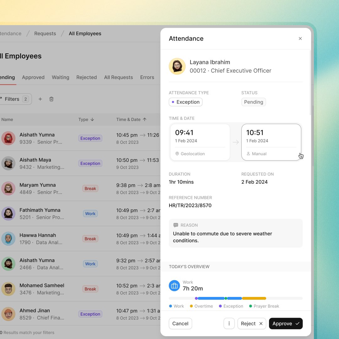 Effortless to read. Effortless to understand! 🤩

Every single attendance request, once added, will be showcased with all the details that both HR and the employee need!