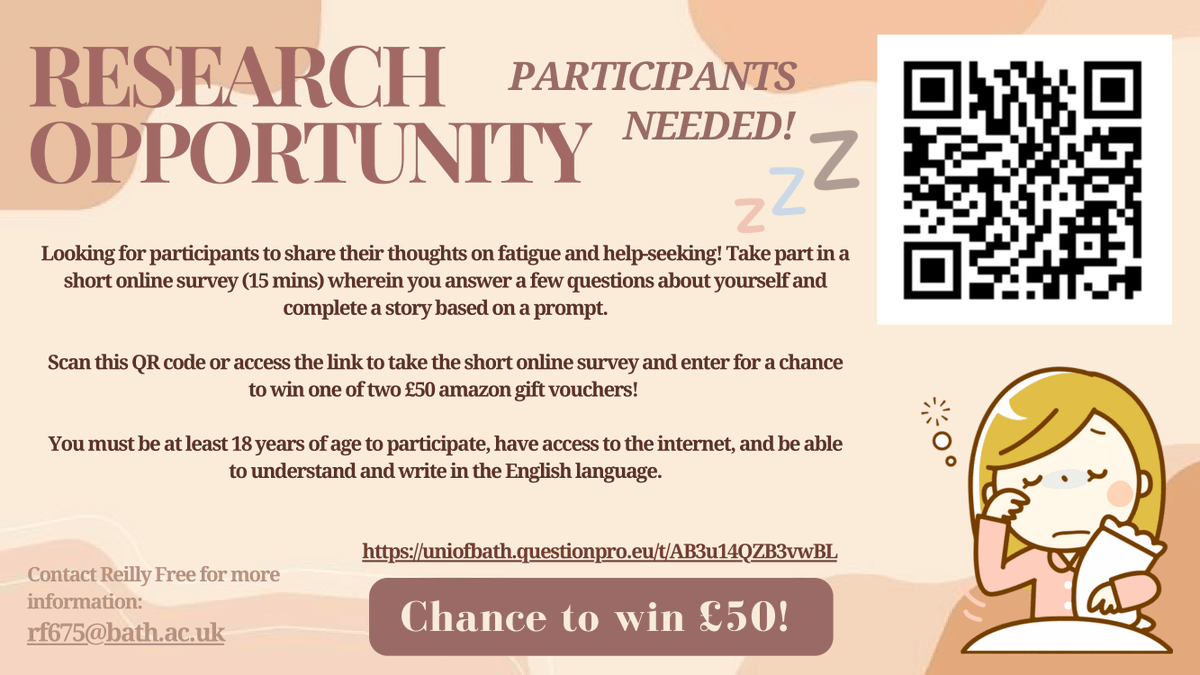 n_higsonsweeney's tweet image. 🗣️ Call for participants!

One of my students is currently recruiting to her MSc dissertation, which is exploring the general population&apos;s thoughts about #fatigue and #helpseeking through #storycompletion. Please RT &amp;amp; share with anyone interested!

uniofbath.questionpro.eu/t/AB3u14QZB3vw…
