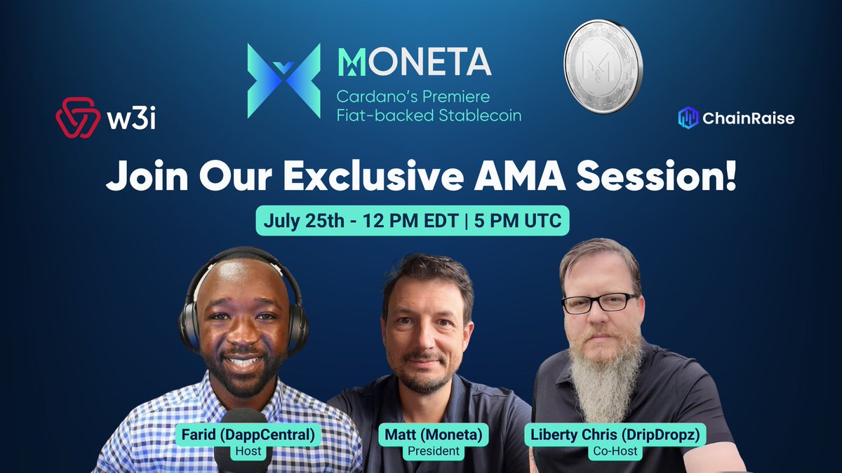 USDMOfficial's tweet image. 👋Join us for an AMA w/@chainraise_io 
 📅July 25th, 12 PM EDT  

Learn about @W3iSoftware, the crowdfunding opportunity, and everything else on the roadmap! #Cardano 😎

Hosted by @dapp_central, @Orbital_Lexicon, and @MatthewPlomin