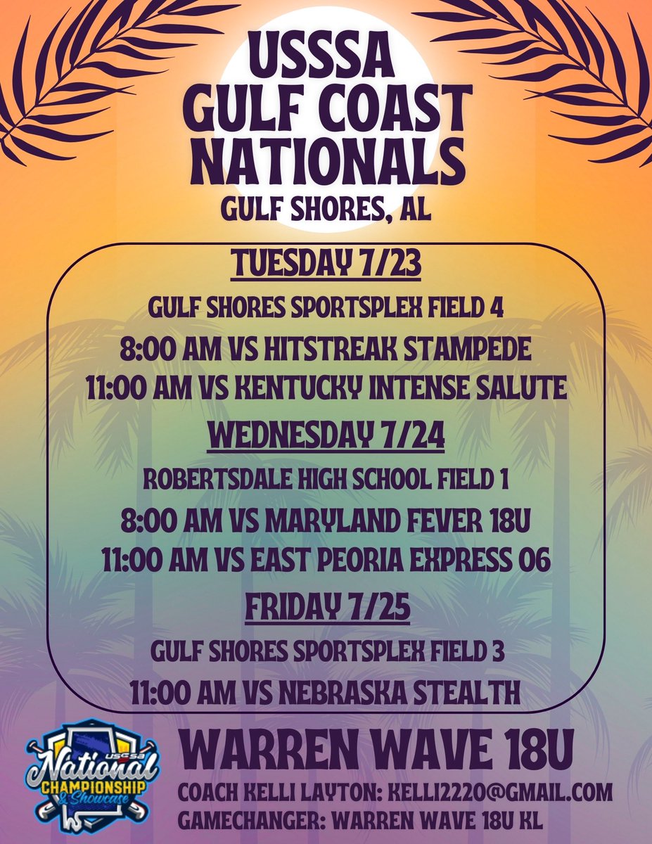 Games start tomorrow at the USSSA Gulf Coast Nationals! 

Come check us out or follow us on GameChanger! It’s going to be a great week! 

Go Wave! 🌊