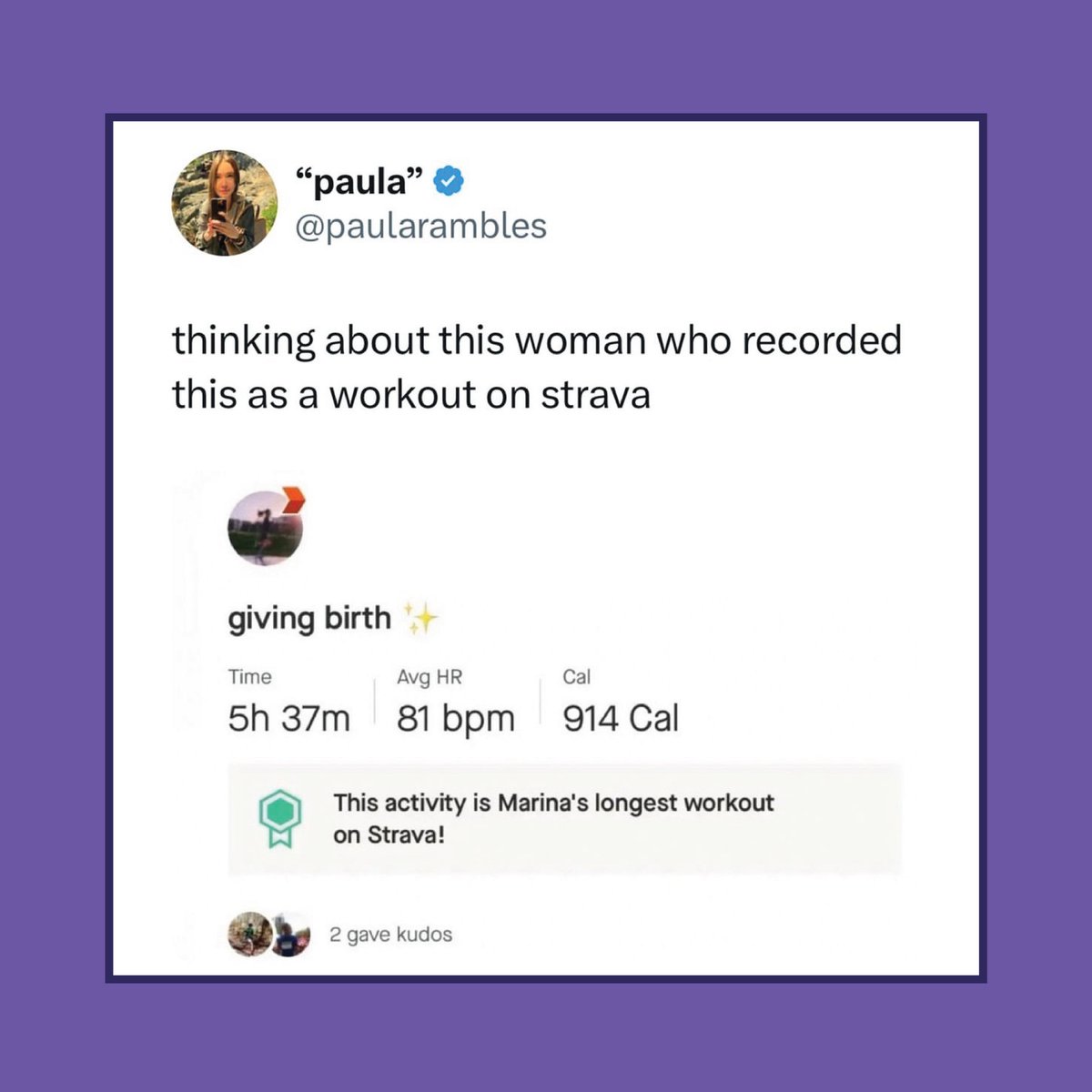 Congrats to Marina on her longest <a href="/Strava/">Strava</a> workout! Oh, and for having a baby. 🤰💪