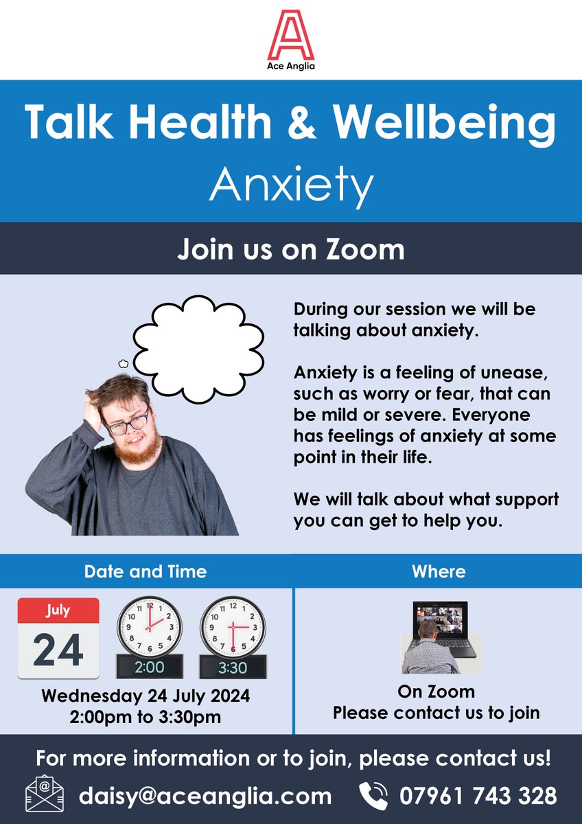 aceanglia's tweet photo. Join us for a health and wellbeing meeting focusing on anxiety. This workshop is open to people with learning disabilities and autistic people. 

Guest speakers: Learning disability liaison nurses

24th July 2024
Zoom
2:00pm – 3:30pm

To join, contact daisy@aceanglia.com https://t.co/jGv4o882bl
