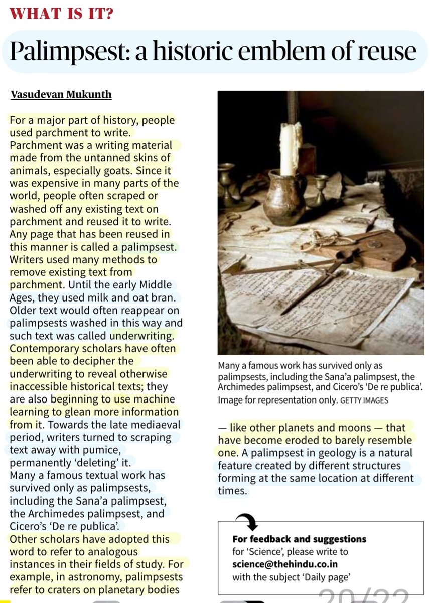 imRavikantYadav's tweet image. #Palimpsest 

&apos;Palimpsest: A Historic emblem of reuse&apos;

What is it?

:Explained by Sh Vasudevan Mukunth 
@1amnerd 

#writing #Parchment #reuse 
#Underwriting #TextualWork
#History 

#UPSC 

Source: TH