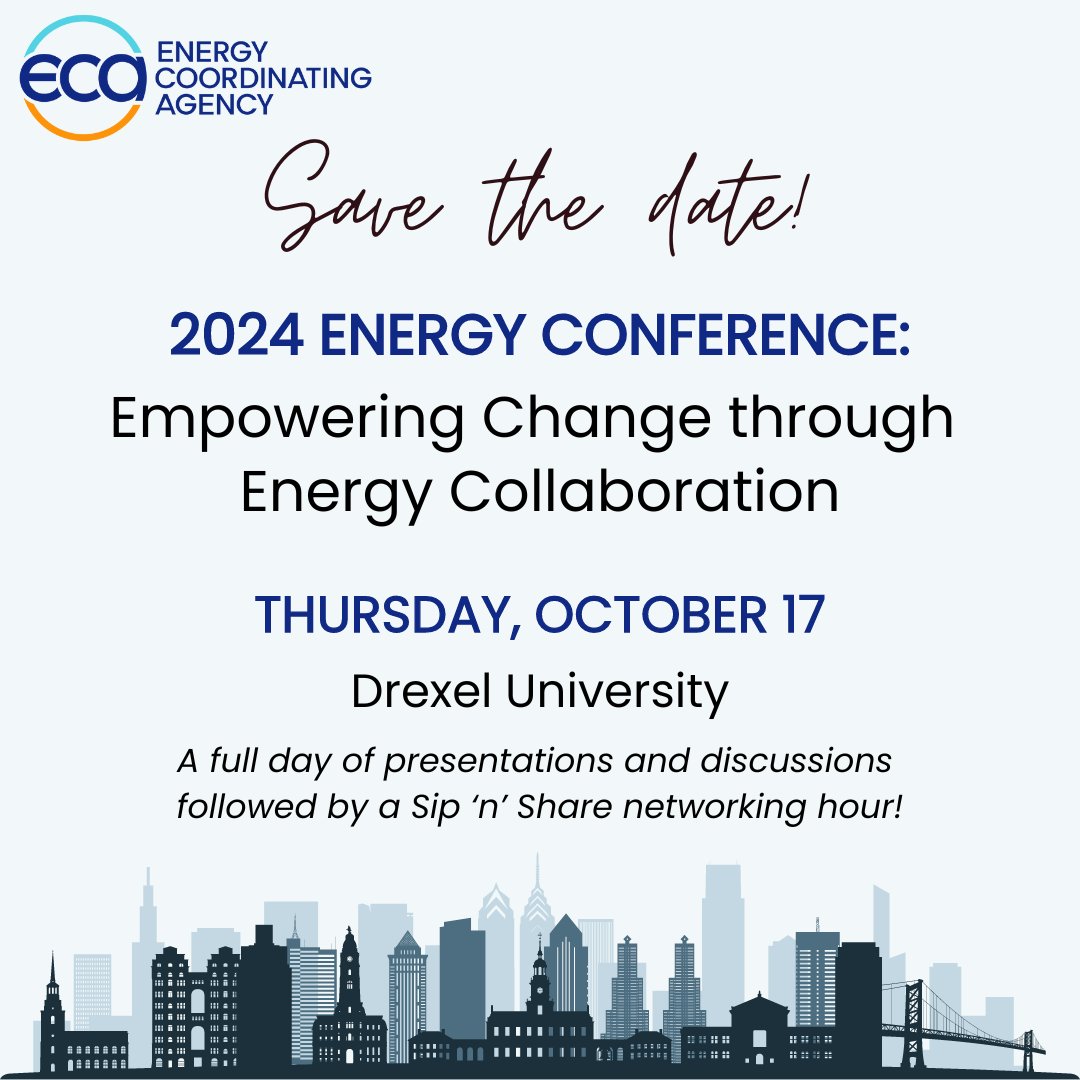 ECA (Energy Coordinating Agency) (@phillyenergy) on Twitter photo Mark your calendars for the 2024 Energy Conference: Empowering Change through Energy Collaboration! On October 17, we will engage city, utility, and community leadership for a full day of discussions to advance energy equity and climate change preparedness. Mark your calendars for the 2024 Energy Conference: Empowering Change through Energy Collaboration! On October 17, we will engage city, utility, and community leadership for a full day of discussions to advance energy equity and climate change preparedness.