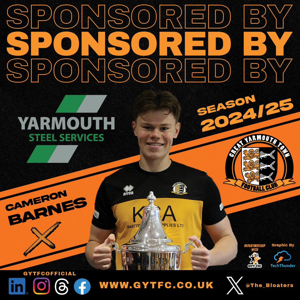 🧡🖤RETAINED PLAYER🧡🖤

The club are delighted to confirm that CAMERON BARNES has again signed for the bloaters for the coming season.
🧡🖤

Thanks to
YARMOUTH STEEL SERVICES 
for their sponsorship 🧡🖤