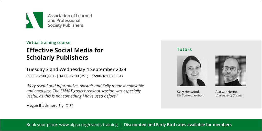 📈 Improve your scholarly publishing marketing skills! Join ALPSP's course on 3 &amp; 4 September! Explore social media strategies with experts Kelly Henwood &amp; Alastair Horne. 📈  

Book now! alpsp.cventevents.com/rZ2PE?RefId=so…

#ScholComm #SocialMedia <a href="/pressfuturist/">Alastair Horne</a> <a href="/stirpublishing/">StirPublishing</a> <a href="/tbicomms/">TBI Communications</a>