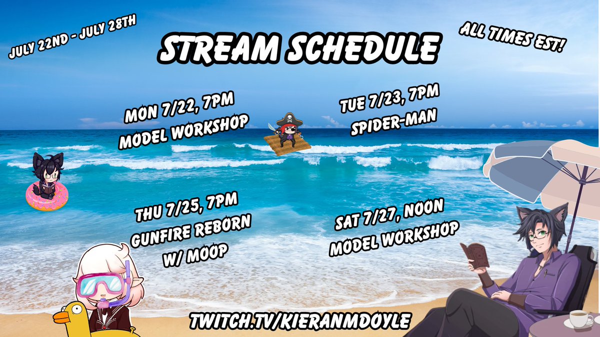 Holy moly, it's a schedule :o

Join me for some painting, web-slinging, and a collab with <a href="/lazymoop/">Scarlet Gems🌙💤✨ ~EN VTUBER~</a> this week!  

Trying like hell to get some fun in this summer, so we're doin' just that!

#Vtuber