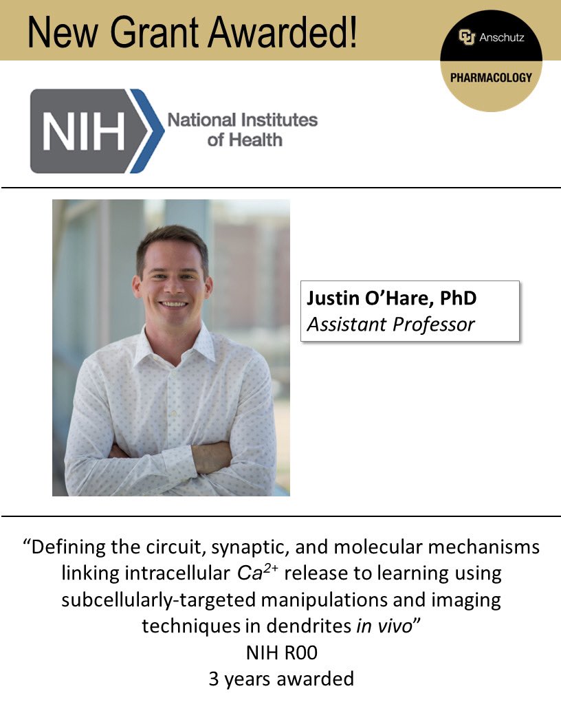 Join us in congratulating CU Anschutz Pharmacology’s newest Assistant Professor, <a href="/JustinKOHare/">Justin O'Hare</a>, on securing a new grant from <a href="/NIH/">NIH</a> for O’Hare Lab! 🧠 <a href="/CUAnschutz/">University of Colorado Anschutz</a> #cuanschutz #pharmacology #newgrant