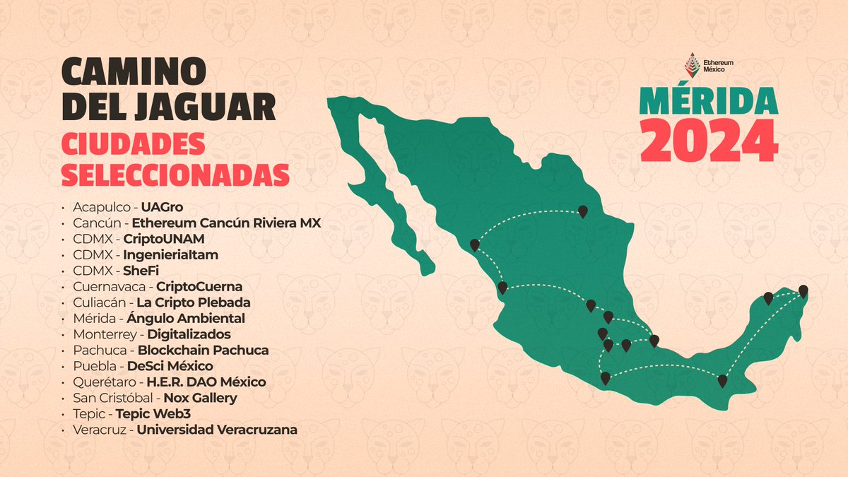 #CaminoDelJaguar 🐆🇲🇽

Estamos super emocionados de compartir las ciudades seleccionadas para llevar #EthMéxico a tu ciudad. 

¿En cuál de estas ciudades te veremos? 👇