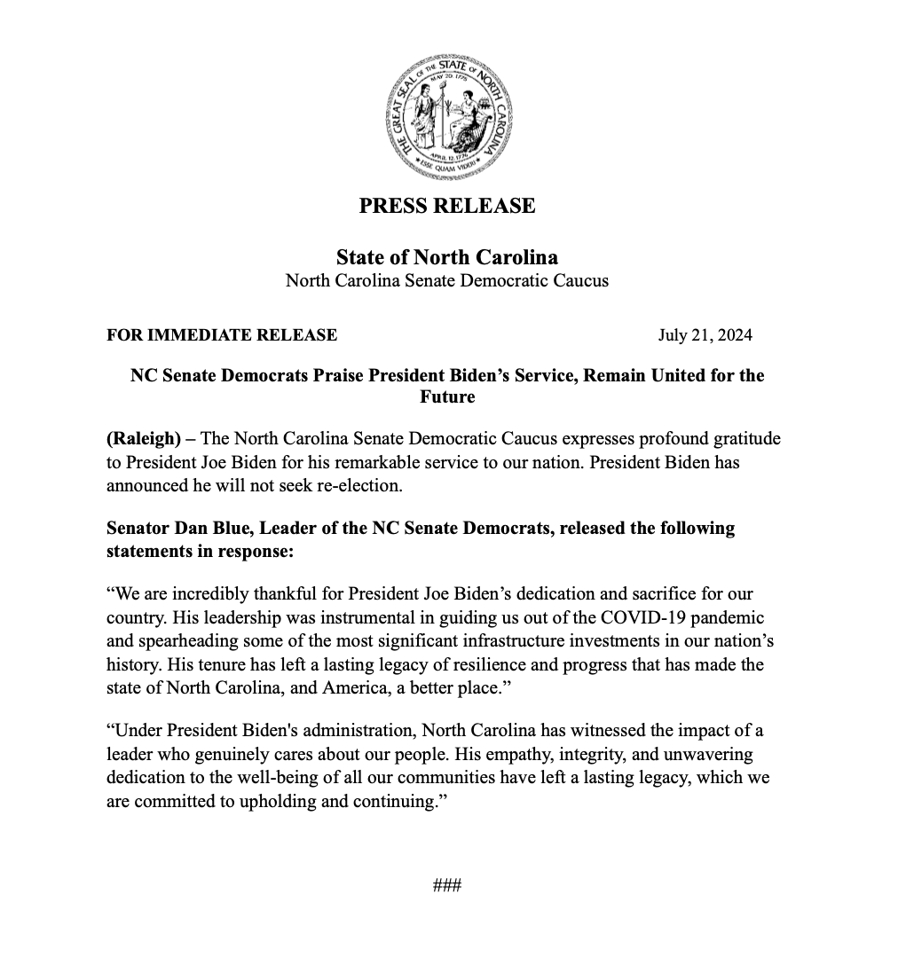 Senator Dan Blue, Leader of the NC Senate Democrats, released the following statements in response to President Joe Biden's announcement that he will not seek re-election this year.