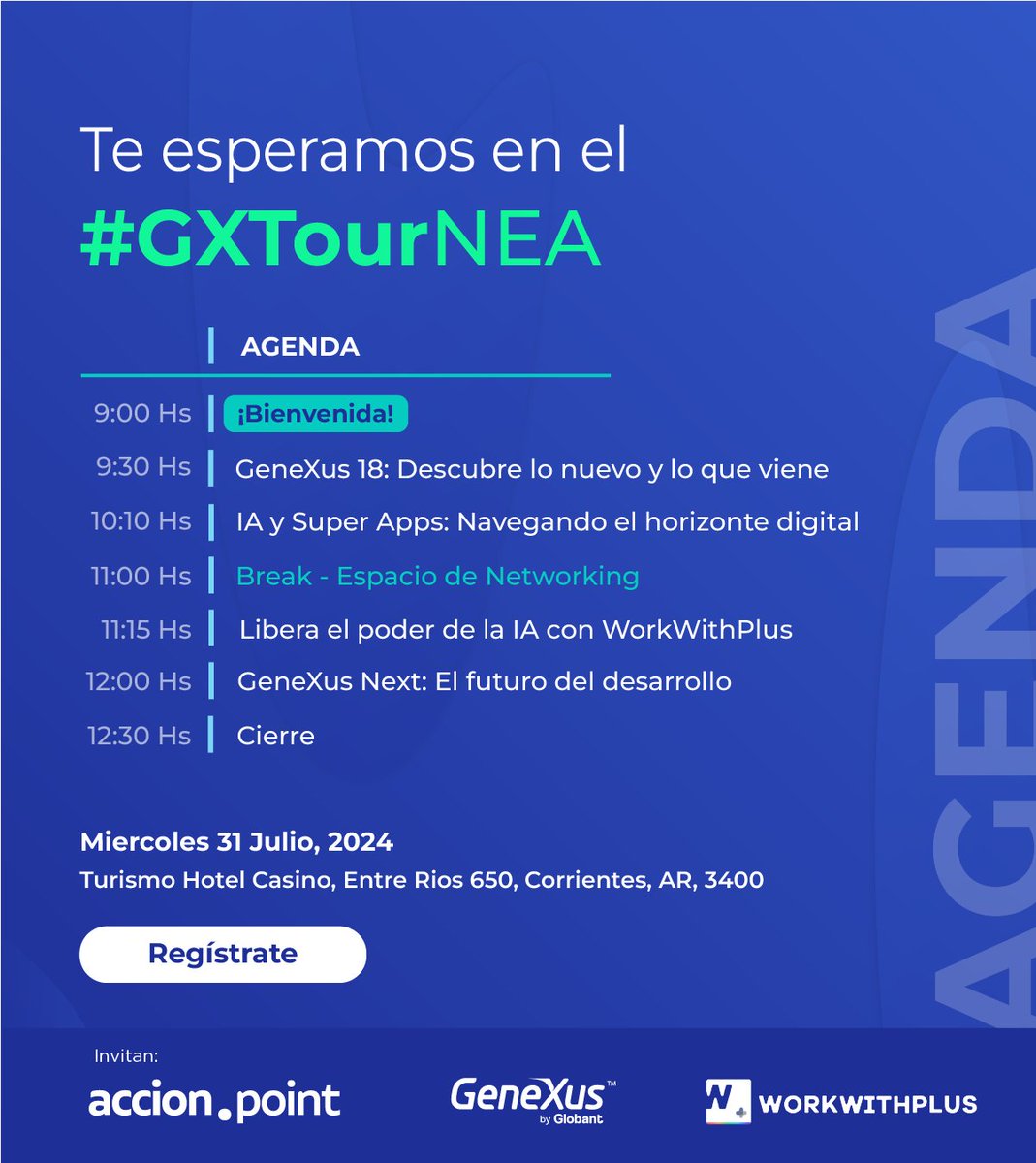 workwithplus's tweet image. ¡Encuentro @GeneXus en Corrientes, Argentina! 🇦🇷

Descubre todas las novedades de #GeneXus y #WorkWithPlus

Información del Encuentro:
📅 31/7
🕒 9am
➡️zfrmz.com/z39DcCQM3L1MyP…

¡Aprende con nosotros! Taller Hands On con certificación 🎓
📅 1/8
Sin costo
➡️zfrmz.com/rNnU4VWprlkbNH…