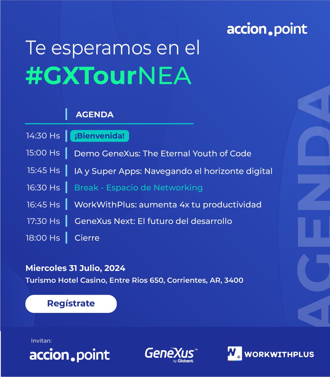 workwithplus's tweet image. ¡Encuentro @GeneXus en Corrientes, Argentina! 🇦🇷

Descubre todas las novedades de #GeneXus y #WorkWithPlus

Información del Encuentro:
📅 31/7
🕒 9am
➡️zfrmz.com/z39DcCQM3L1MyP…

¡Aprende con nosotros! Taller Hands On con certificación 🎓
📅 1/8
Sin costo
➡️zfrmz.com/rNnU4VWprlkbNH…