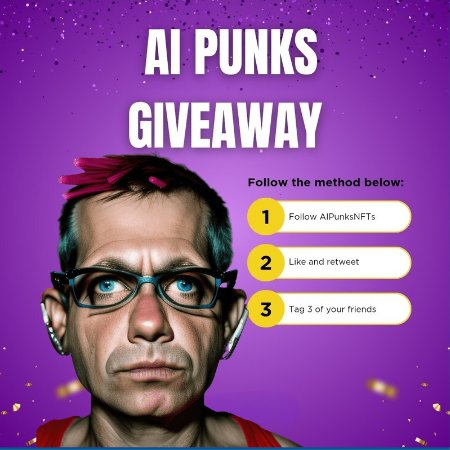 🎁 we're giving away 3 incredible #AIPunks #NFTs just, like last weeks! 
To enter:
1️⃣ Follow <a href="/AIPunksNFTs/">AI Punks NFT Collection</a>
2️⃣ Like &amp; Retweet 
3️⃣ Tag 3 friends 
 We'll announce the lucky winners on 29 July
opensea.io/assets/matic/0…

#NFTGiveaway #NFTCommunity #nft
#Giveaway #Airdrop #Trader
