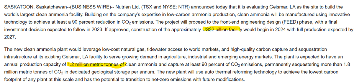 $1,666 p/t for new build Ammonia plant. 

If the same valuation is applied or even a hair cut to say, $1250 p/t to $LXU LSB assets you are talking about $1.125B vs a market cap today of $600M with a host of growth opportunities and buying back stock and debt. 

Huge opportunity.
