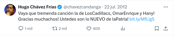 Un día como hoy #22Jul de 2012 El candidato presidencial por el PSUV .@Chavezcandanga, saludó a la agrupación musical Los Cadillac’s y a los cantantes  Hany Kahuam y Omar Enrique, quienes se unieron para interpretar el tema musical «De Corazón»
#GenteDePaz .<a href="/NicolasMaduro/">Nicolás Maduro</a>