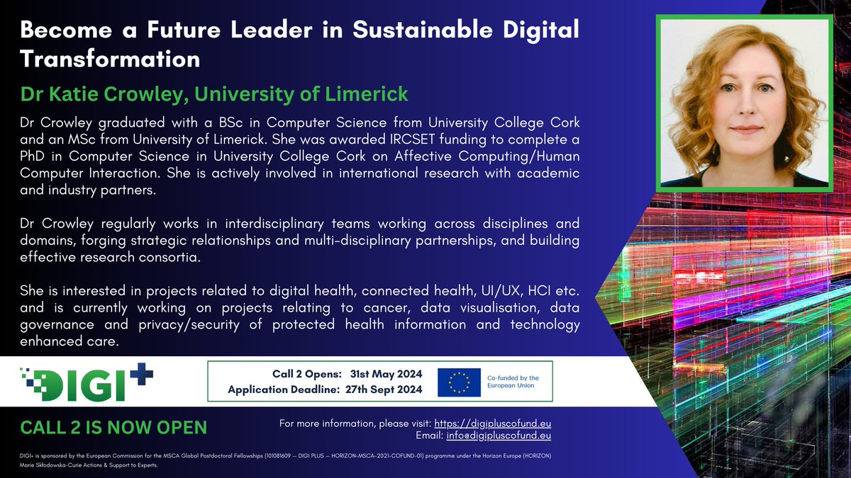 DIGI+ (@infodigiplus) on Twitter photo Meet our DIGI+ Supervisors - Dr Katie Crowley from <a href="/UL/">University Of Limerick</a> - digipluscofund.eu/supervisors/ka………!
NEW DIGI+ Application Deadline: 27th September 2024! #MSCA #COFUND Meet our DIGI+ Supervisors - Dr Katie Crowley from <a href="/UL/">University Of Limerick</a> - digipluscofund.eu/supervisors/ka………!
NEW DIGI+ Application Deadline: 27th September 2024! #MSCA #COFUND