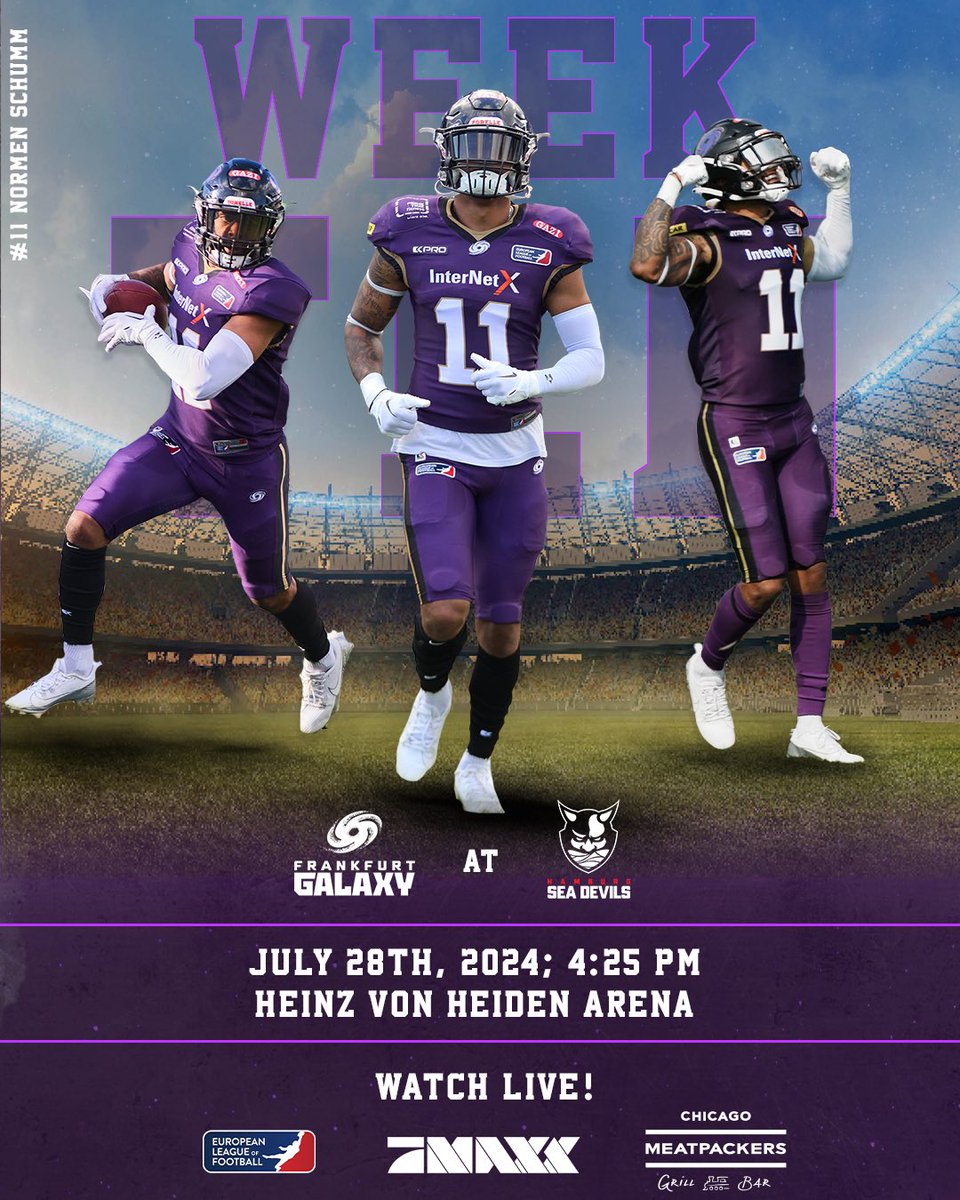 FFM_Galaxy's tweet image. Heading North ☝🏻

🚨GAMEWEEK 10🚨

🆚 @SeaDevilsHH 
🗓️ 28.07.2024 
⏰ 16:25 Uhr
📍Heinz von Heiden Arena
📺 watch live: Game Pass @ELF_Official ; @ProSiebenMAXX 
🎉 Chicago Meatpackers

#FrankfurtGalaxy #PurpleFamily #WeekTen #AmericanFootball #BelieveGrindAchieve
