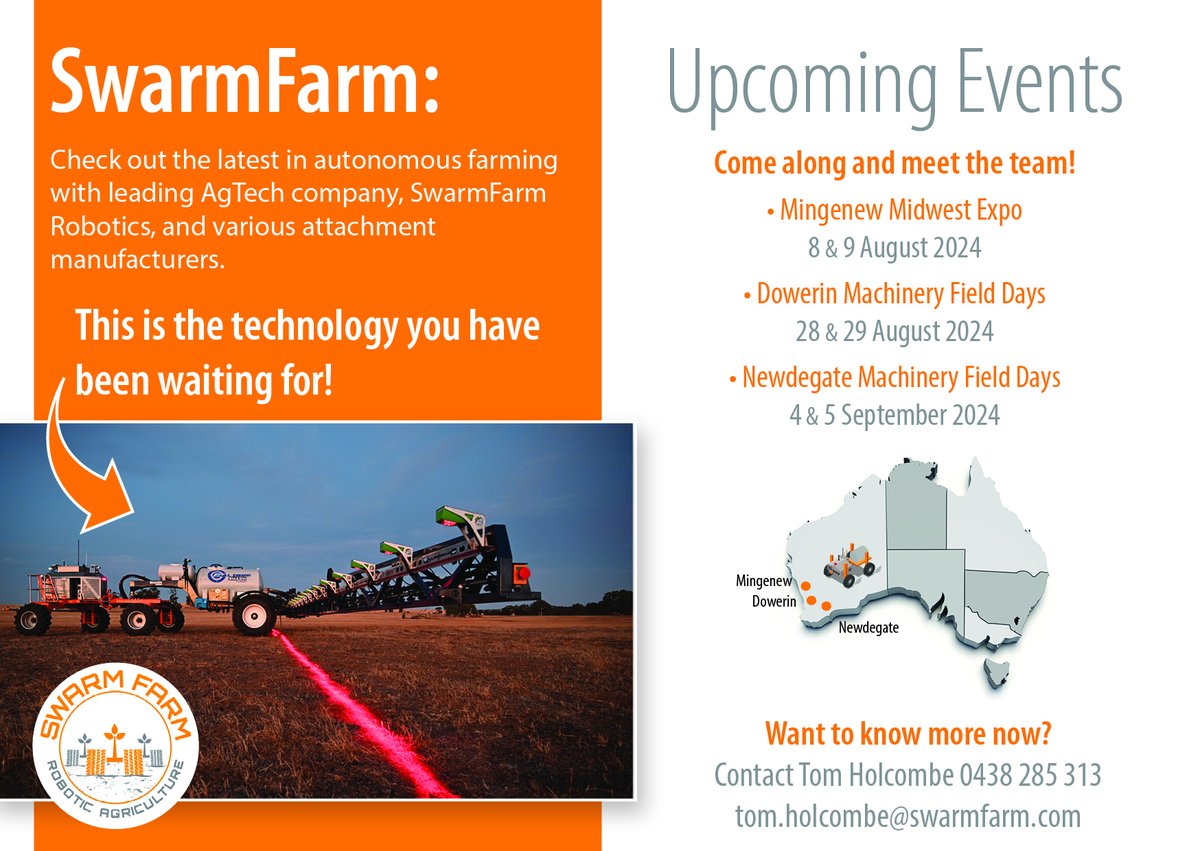 SwarmFarm's tweet image. 🤖 Get ready, Western Australia! 🚀

Meet the team and witness the #FutureOfFarming in action at these 3 exciting  events!

🔗 RSVP now with Tom 📱 0438 285 313

#SwarmBotDemo #RoboticsRevolution #TechEvent #CollaborativeAgriculture #FieldDay