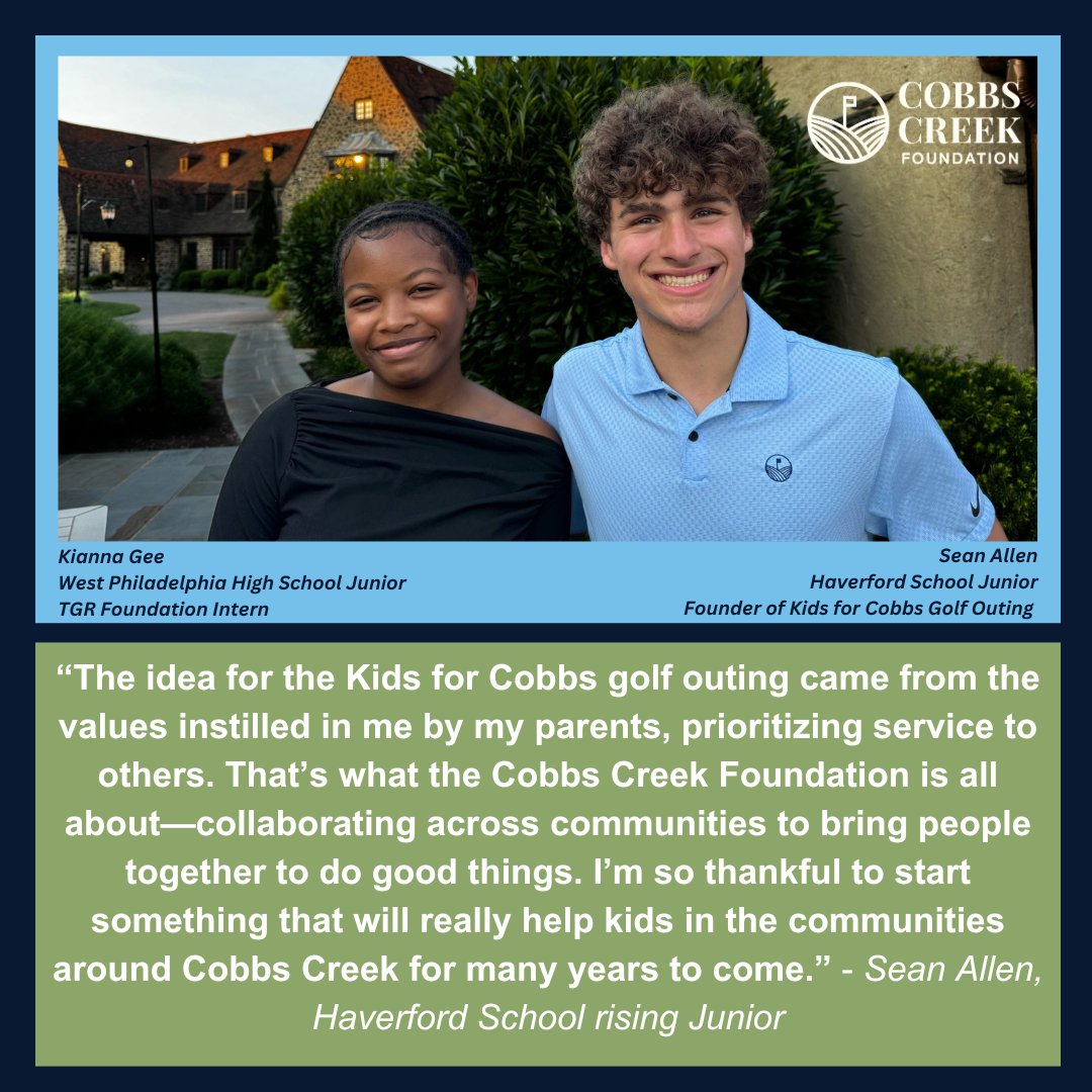 cobbscreekfnd's tweet photo. The Kids for Cobbs Golf Outing raised over $27,000! A tremendous thank you to local Haverford School rising Junior and CCF Volunteer, Sean Allen who founded the KIDS FOR COBBS inaugural event this summer. Sean planned the event in collaboration with other local high school students who also volunteer at Cobbs Creek, Teagan Cook (rising Junior at Episcopal Academy), Nick Shanahan (rising Sophomore at Haverford School) and Connor Dodson (rising Sophomore at Haverford School).