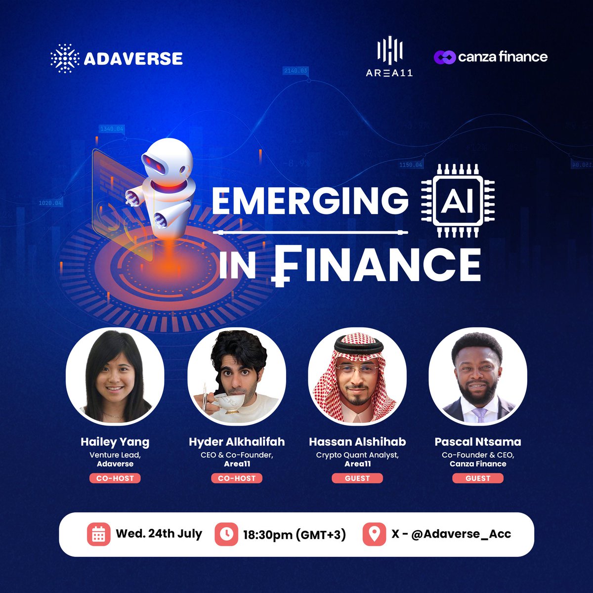 Adaverse_Acc's tweet photo. 🚀Stay ahead of the curve! 
Join us live on X with insightful speakers from @Canza_Finance and Area11 as we discuss Emerging AI in Finance. 

🗓️ Wed 24th July
🕡6:30 PM (GMT+3)
Tune in on X Spaces
🔗https://t.co/NhOSg1lFjD

Stay tuned for more updates! 

#Web3 #AI #Finance #EmergingTech #EmergingMarkets