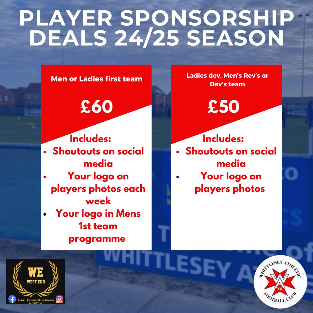 Player Sponsorship ‼️

Our deals for player sponsorship for this season are listed below 👇 

For Mens or Ladies first team players - £60 

For Ladies development, Mens Reverse or Mens development team - £50 

If your business is interested please contact tomlil87@hotmail.com