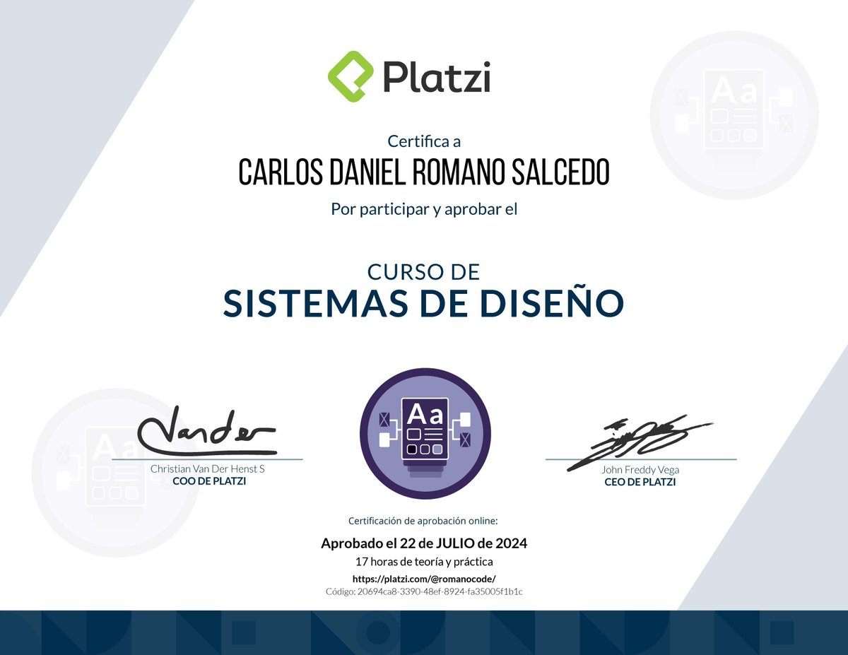romanocode's tweet photo. ¡Aprobé el Curso de Sistemas de Diseño Efectivos en @Platzi!  de la mano del  excelente profesor @rulotico  #NuncaParesDeAprender https://t.co/uuYFrBxDiE https://t.co/H3fuHu02oY