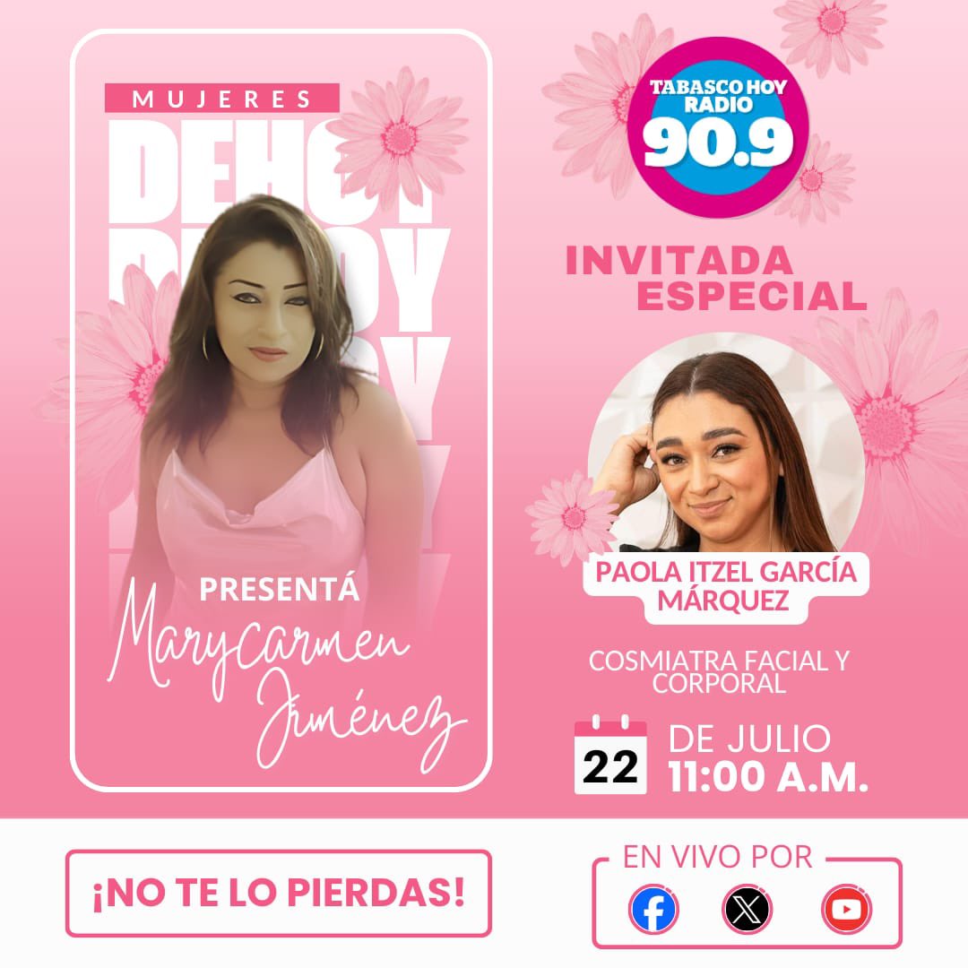 TabascohoyFM's tweet photo. ¡No te pierdas la emisión de Mujeres de Hoy! con Maricarmen Jiménez🌸🎙️ 

Invitada especial: Paola Itzel García Márquez 🤩 Cosmiatra Facial y Corporal 

Sigue la transmisión por la 90.9 FM en radio📻y a través de nuestras redes sociales📲

#THRadio #TabascoHoyRadio909 https://t.co/3R5SqqUApU