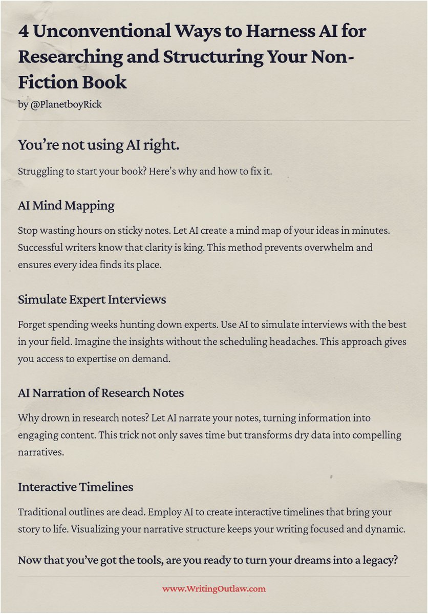 PlanetboyRick's tweet image. Think you&apos;re using AI effectively for your writing? 

Think again. 

Discover the game-changing secrets to harnessing AI for your non-fiction book. 

#WritingTips #AIAuthor