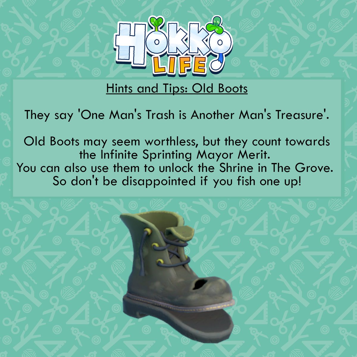 hokkogames's tweet photo. Hints and Tips: Old Boots 🥾
Old Boots may seem worthless, but they count towards the Infinite Sprinting Mayor Merit.
You can also use them to unlock the Shrine in The Grove.
So don't be disappointed if you fish one up! 👍
#HintsandTips #Fishing #OldBoots #Treasure https://t.co/hspcH6hKmx