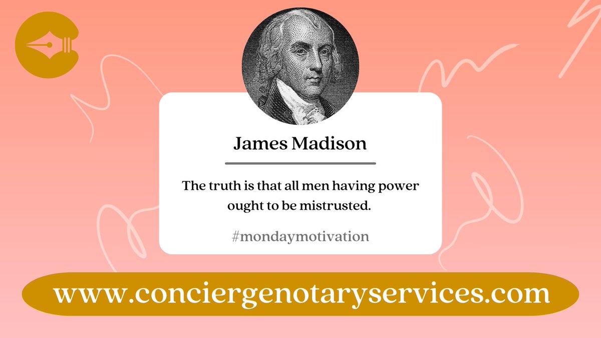 ConciergeNotary's tweet photo. Mistrust is a condition of holding power. 🔌 👑

___________________
#conciergenotary #notary #business #smallbusiness #nyc #newyork #mondaymotivation #monday #quotes #notaryfacts #jamesmadison #founding #father #mistrust #power #powerful #king #trust

📲 https://t.co/gllfEuWALD https://t.co/OGuZnJzvgz