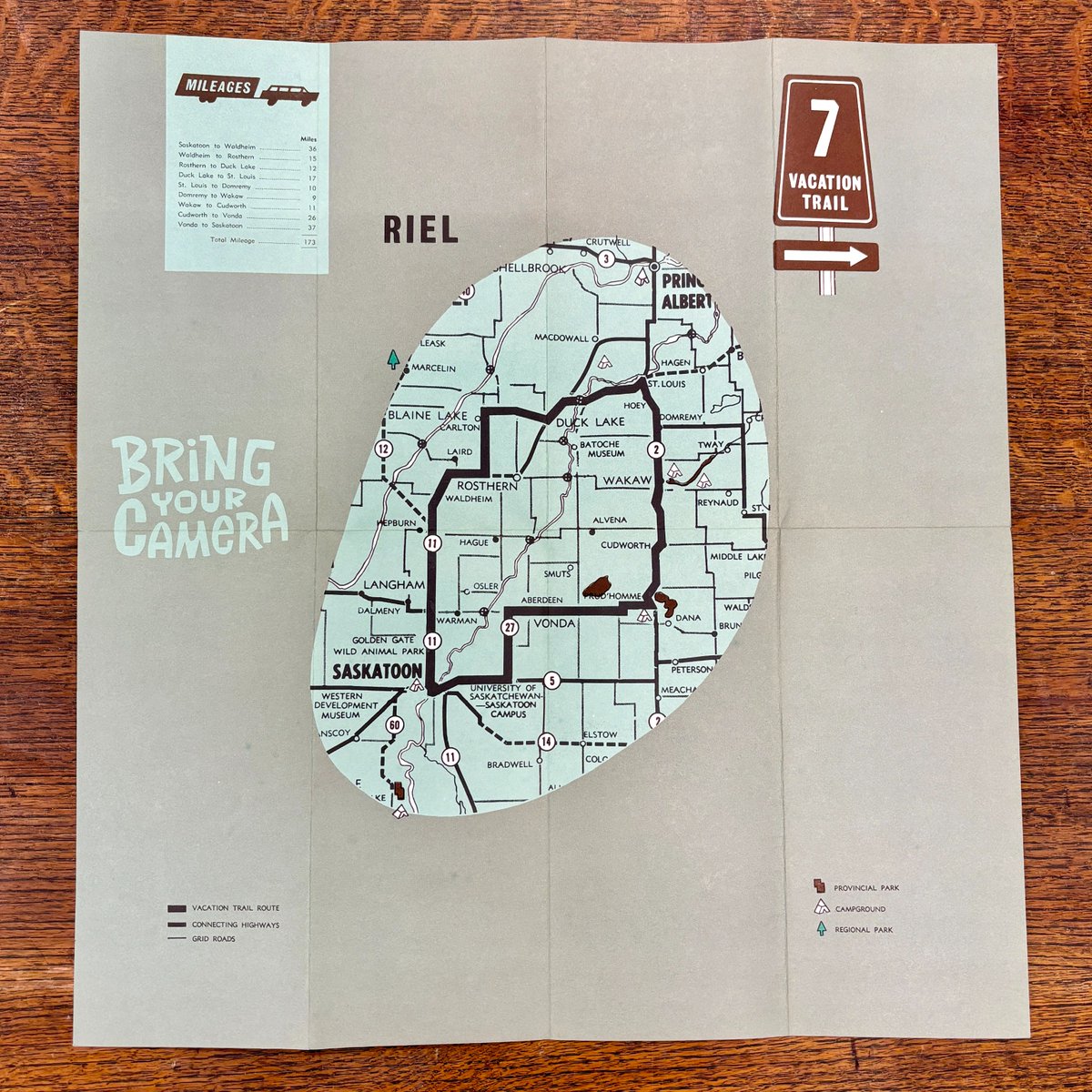 ProvArchivesSK's tweet photo. In 1965, the SK Centennial Corporation initiated the Vacation Trails program. SK Vacation Trail #7: Riel includes points of interest such as Golden Gate Animal Park, South Branch House, Fort Carlton, Elbow-Fort à la Corne Trail, Batoche, and Seager Wheeler. https://t.co/qJK8l9IFoo
