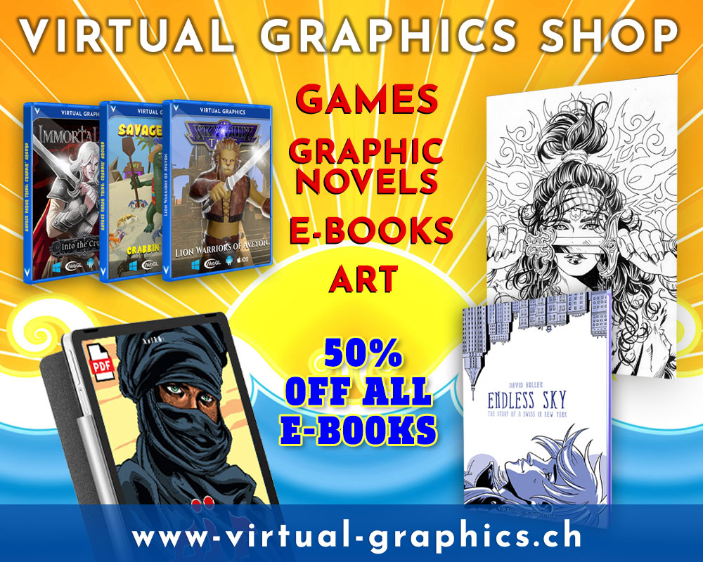 The new shop is open again. Get games, graphic novels and art in English, German and French.
Exclusive 50% Summer discount on E-Books until late August. 
☀️☀️☀️
virtual-graphics.ch

#games #graphicnovels #comicbooks #originalart #videogames #shop #discount #gaming #books