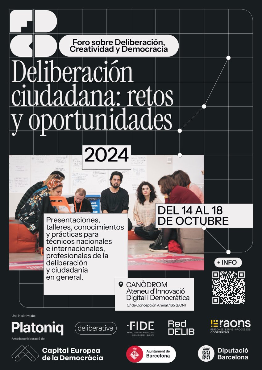 platoniq's tweet photo. ¡Participa en el #FDCD y únete a la reflexión sobre deliberación, creatividad y democracia! 💭 

📅 14/10 al 18/10
📍@CanodromBCN

Presentaciones, talleres y más en el marco del programa Barcelona como Capital Europea de la Democracia.

Inscríbete aquí 👉 https://t.co/zPiFafpEQq https://t.co/sKfXmb1re6